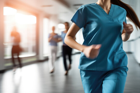 Blurred image. Nurses and doctors are running along the hospital corridor.