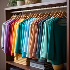 Obraz premium A rack with hangers holding a variety of shirts in different color shades.