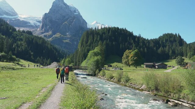 Swiss Alps view of Rosenlaui with Wellhorn and Reichenbach river in summer at Switzerland
