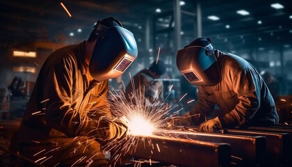 Two welders who perform arc welding at the factory. Labour day background.