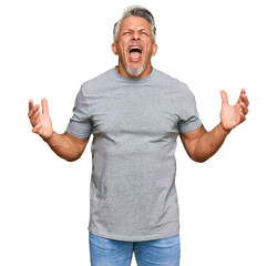 Middle age grey-haired man wearing casual clothes crazy and mad shouting and yelling with aggressive expression and arms raised. frustration concept.