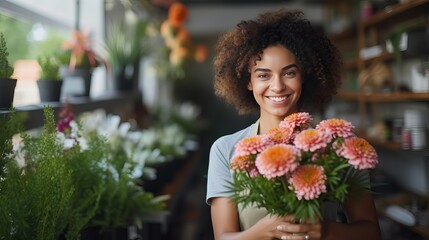 An image of a girl shop owner who is both cheerful and reliable, presenting a bouquet of flowers.