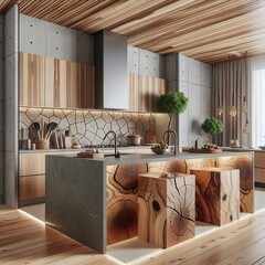 Interior epoxy resin and wooden tree blocks design decor showing modern kitchen with cupboards and sink in luxury apartment showroom