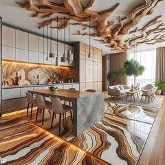 Interior epoxy resin and wooden tree blocks design decor showing modern kitchen with cupboards and sink in luxury apartment showroom