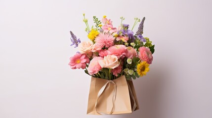 A flower paper bag is being held by the florist on a white background.