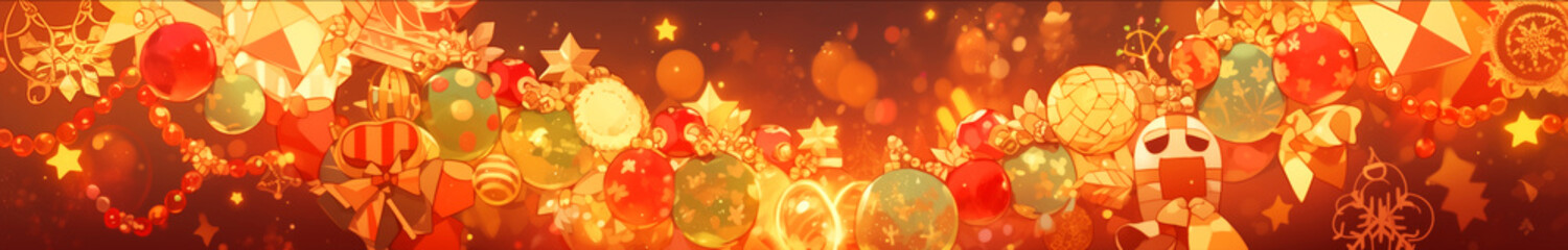 Christmas banner design - horizontal, festive in orange yellow and red anime style, illustration, shiny and lights - obrazy, fototapety, plakaty