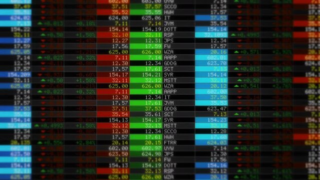 Digital Tableau of Stock Market Values, Stock Tickers. Fake Data of Companies And Indexes Evolving Growing Or Shrinking. Animation of Stock Exchange Financial Information.
