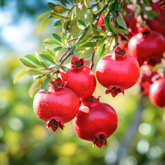 fresh red pomegranate on tree branch at farm