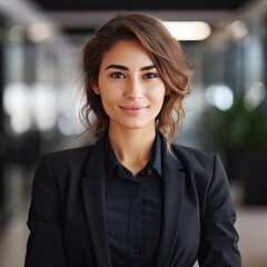 Naklejka premium business woman posing in office front, business casual, business photo, photo portrait, smiling, young, european, business photo mock-up