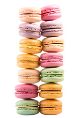 a collection of macarons stacked vertically high isolated on a transparent background, generative ai