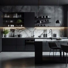 Modern Kitchen, Black, marble benchtop, minimalistic