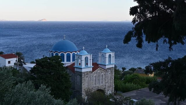 White and blue chapel on the Greek orthodox church in Ikaria