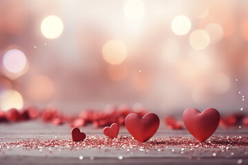 Close up of red hearts on wooden table.Valentine's Day background,ai generated - obrazy, fototapety, plakaty