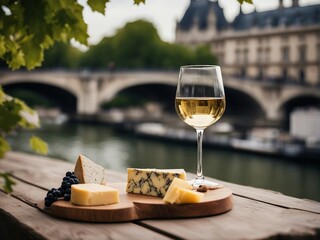 glass of wine and cheese by the river Seine
