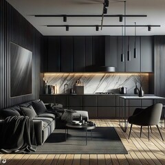 Modern, black minimalist interior with kitchen, sofa, wood floor, wall panels and marble kitchen island