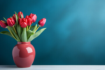 Tulips in a ceramic vase on a blue background,ai generated
