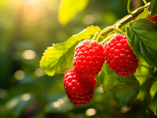 Fresh And juicy red raspberry on tree branch