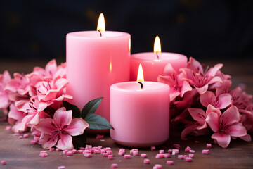 Obraz na płótnie Canvas Pink flowers and lighted candles,ai generated