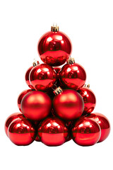 a collection of shiny red christmas ornaments stacked isolated on a transparent background, generative ai