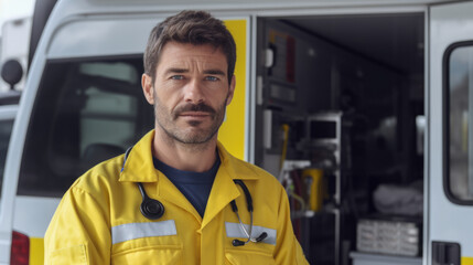 Doctor and yellow uniform against the backdrop of an ambulance.