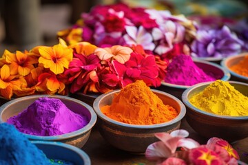 Containers filled with colorful pigments and flowers for the vibrant Holi festival celebration