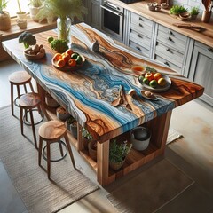 Wooden kitchen island with blue grey and white streaks of epoxy
