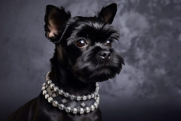 Nice puppy dog with black luxury jewelry collar necklace on black background