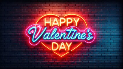 Happy Valentine's Day background, A brick wall with neon sign Happy Valentine's Day on dark brick wall background.