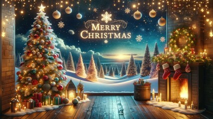 Merry Christmas background, Decorated with christmas tree and gift box, Winter christmas composition in 3d style decoration for Celebration. - obrazy, fototapety, plakaty