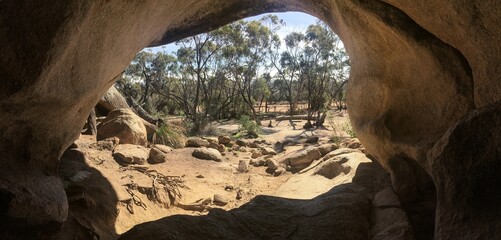 From inside of Hippos Yawn rocky cave in Western Australia near the Wave Rock and Hyden