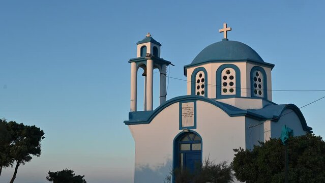 White and blue chapel on the Greek orthodox church in Ikaria