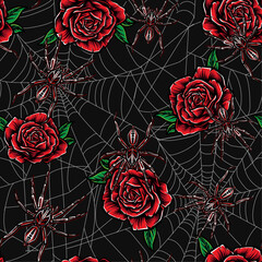 Spiders and red roses. Beautiful and gothic seamless pattern.