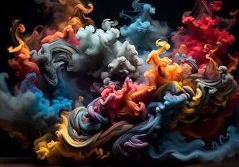 swirl of multicolored smoke takes center stage against a pitch-black backdrop.