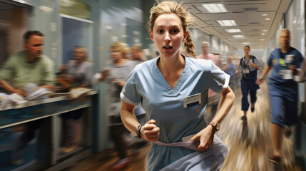 nurse runs with her colleagues along the corridor of the hospital. Art style.
