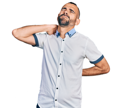 Hispanic man with ponytail wearing casual white shirt suffering of neck ache injury, touching neck with hand, muscular pain