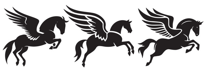 Pegasus, horse with wings shown in a dynamic position in flight, black and white vector graphics, pattern illustration outline silhouette