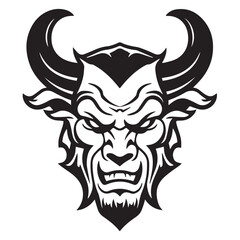 Devil head with horns in mascot logo style, black and white vector graphics, outline silhouette illustration pattern