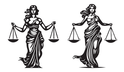Fototapeta na wymiar Goddess of justice, Themis the courts, lawyers law and justice, black and white vector graphics, outline silhouette illustration pattern
