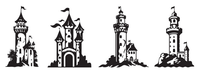 Fairy tale princess castle, fantastic building, black and white vector graphics, pattern illustration outline silhouette