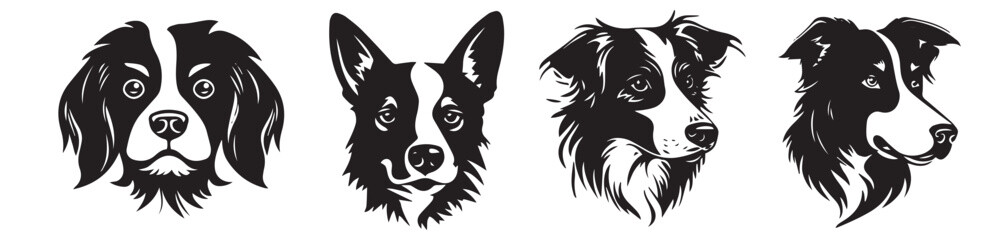 Set of black and white vector portraits of dogs, vector illustration.