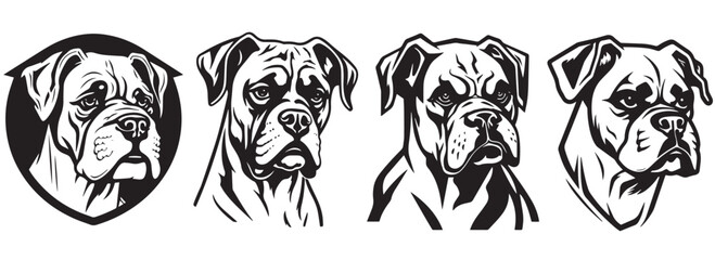 Boxer dog head, black and white vector graphics, dog shape