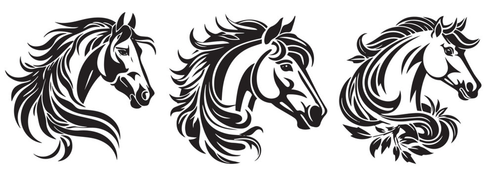 Set of horse heads, vector illustration silhouette laser cutting black and white shape