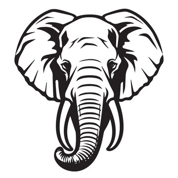 Big elephant head in logo style, black and white vector graphics, pattern illustration outline silhouette
