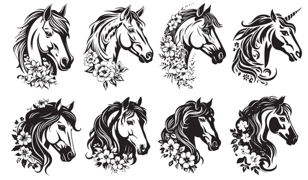 Set of horse heads with flowers, vector illustration silhouette laser cutting black and white shape