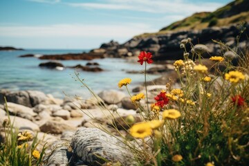 A beautiful bay with a rocky shore and wildflowers.