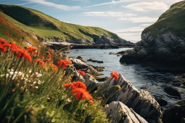 A beautiful bay with a rocky shore and wildflowers. - obrazy, fototapety, plakaty