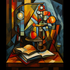 still life of books and lamp in cubist style, ai generated