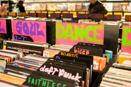 LONDON-  Soul and Dance category&rsquo;s of vinyl records inside HMV on Oxford Street