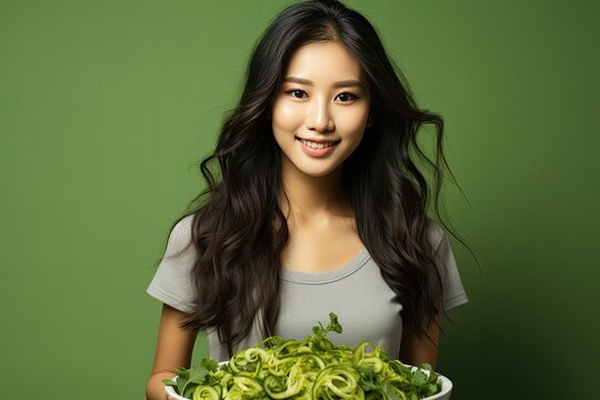 Portrait of beauty body slim healthy asian woman having fun hold avocado cooking preparing vegan food healthy eat with fresh vegetable salad, vegetarian in kitchen at home. Diet. Fitness, healthy food