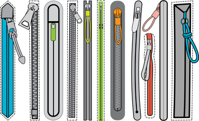 Zip fastener with Zipper puller flat sketch vector illustrator. Set of water proof invisible Zip pocket types for Shorts, Pants, dress garments, bags, jackets Clothing and Accessories